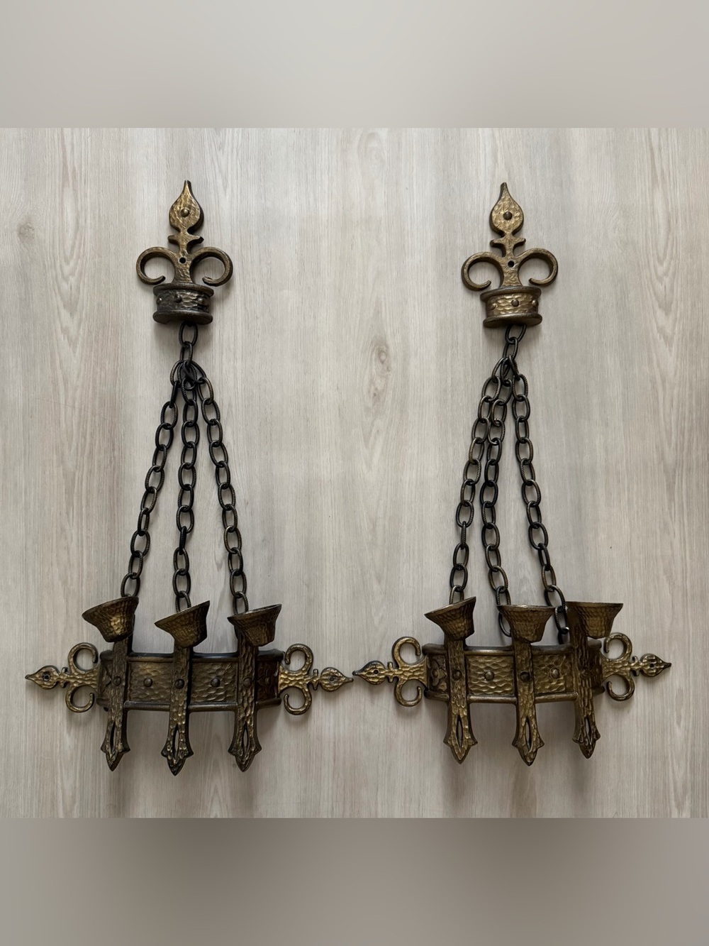 Vtg 1967 Sexton Cast Iron Gothic Castle Dungeon Wall Sconce w/Chains Pair Candle